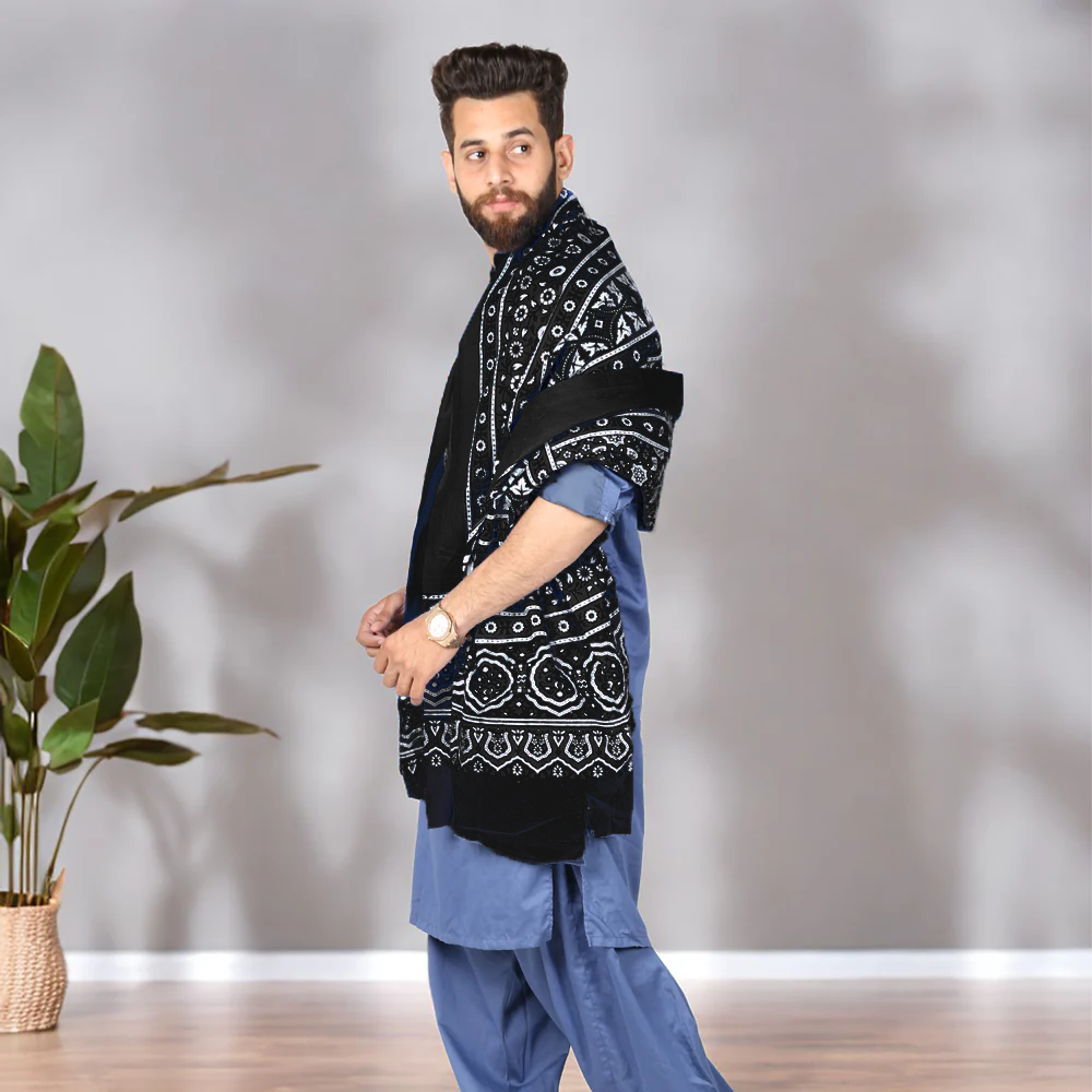 Sindhi Ajrak Chaddar For Men & Women - Navy Blue, Black, Maroon