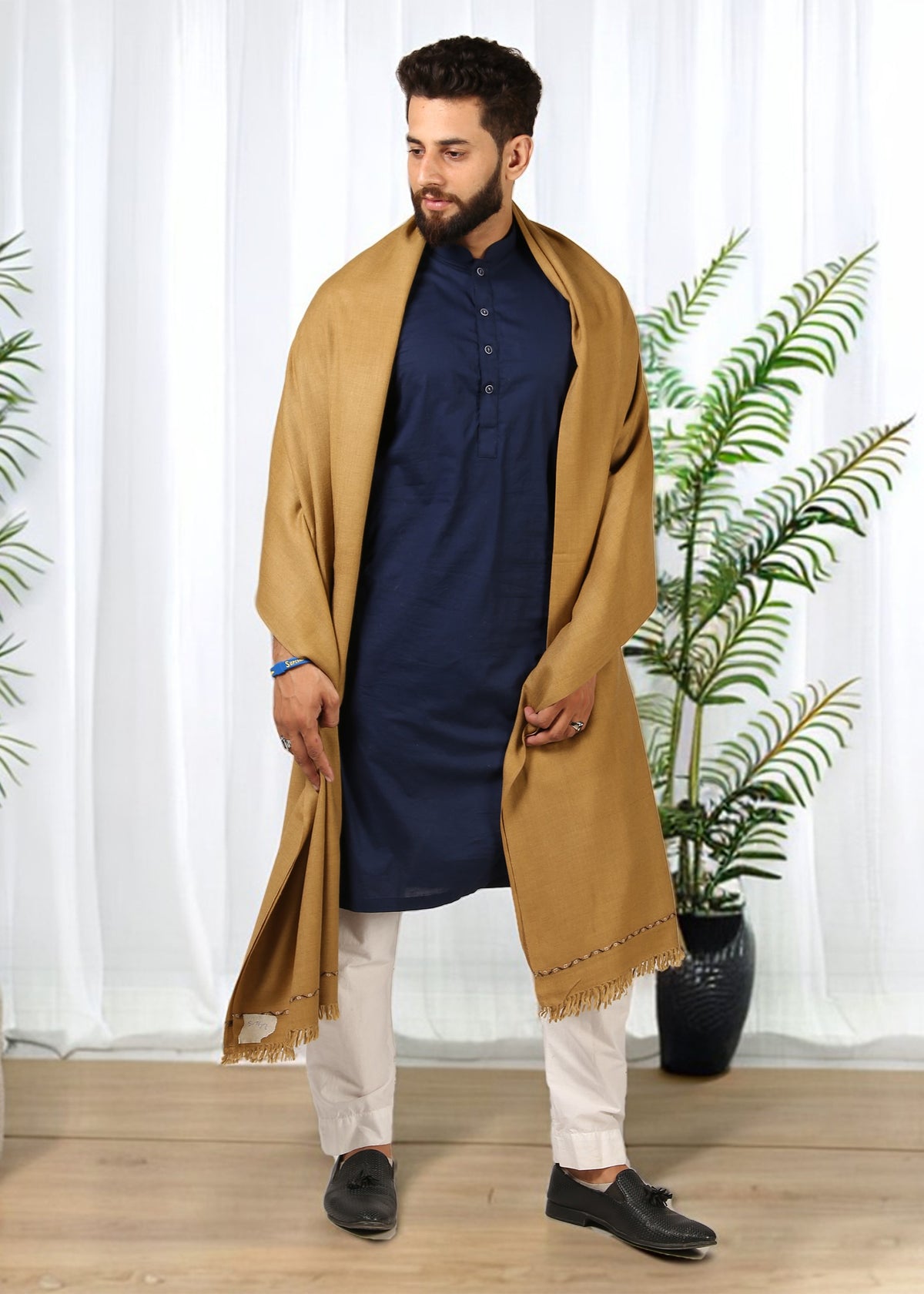 Regal Kashmiri Elegance: Pure Pashmina Dhussa Patti Shawl for Men