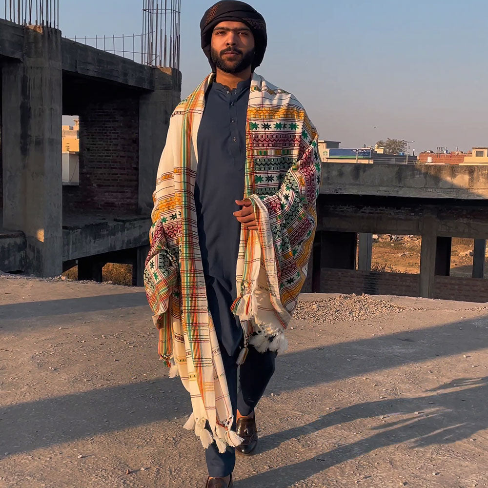 Exquisite Multani (Star) Multicolor Tharri Wadera Shawl for Men | Jumbo Size