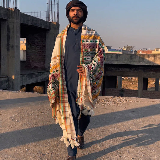 Exquisite Multani (Star) Multicolor Tharri Wadera Shawl for Men | Jumbo Size