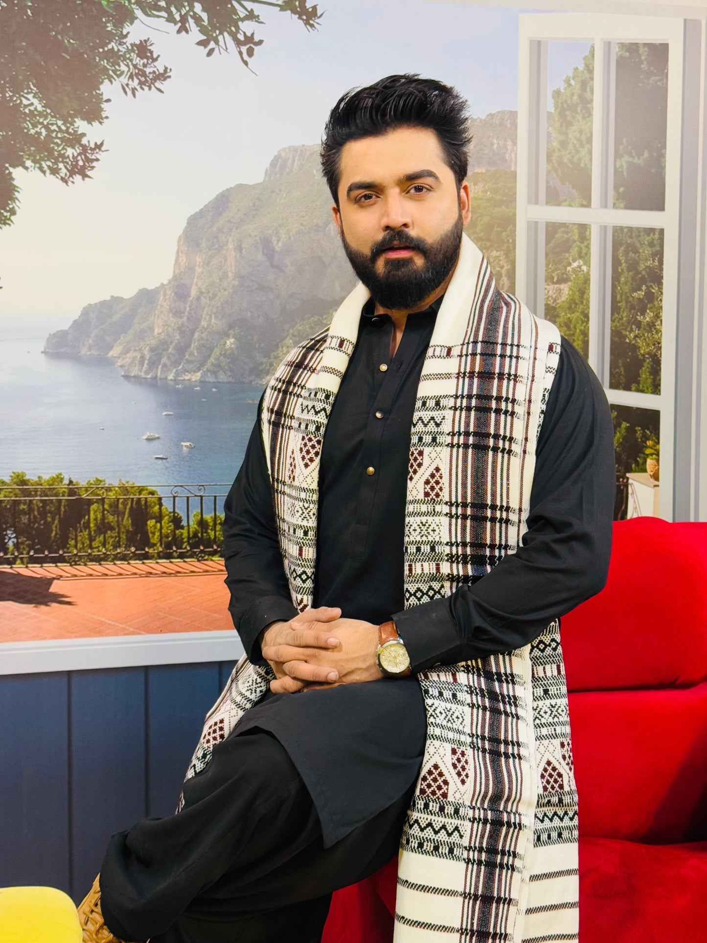 Regal Elegance: Colorful Hyderabadi Tharri Wadera Shawl for Men (Mehrabi)