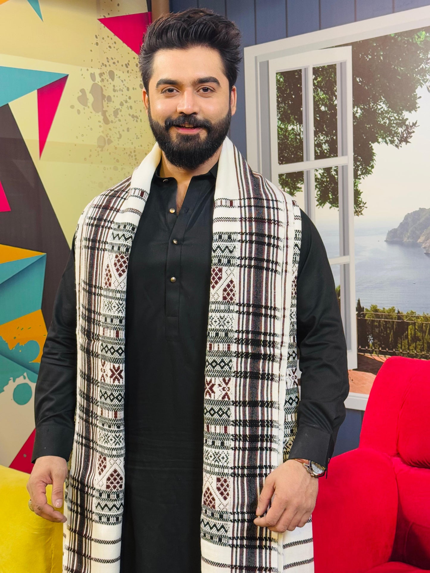 Regal Elegance: Colorful Hyderabadi Tharri Wadera Shawl for Men (Mehrabi)