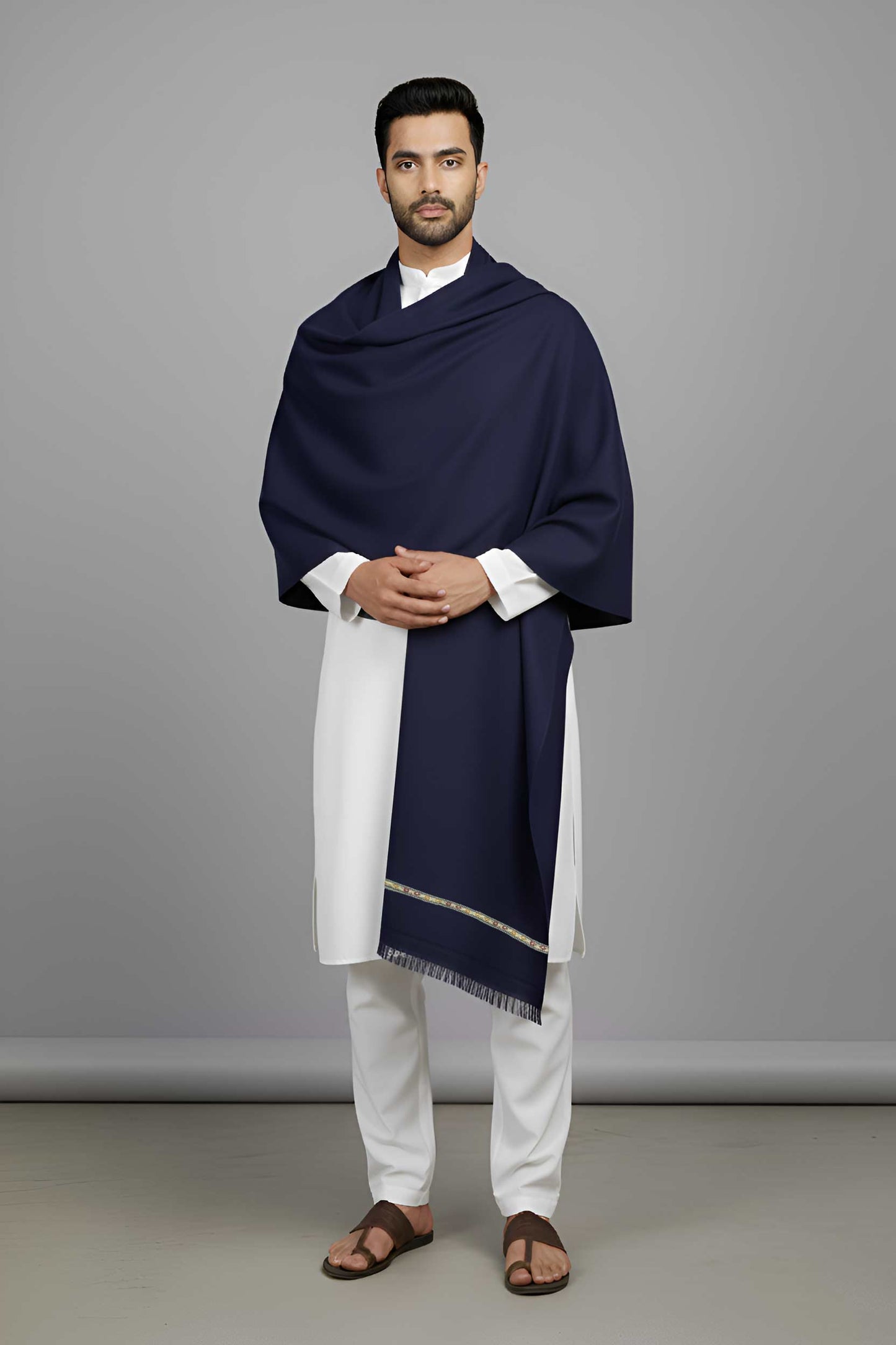 Pure Woolen Kashmiri Dhussa Shawl for Men - Multicolor Stripe Elegance
