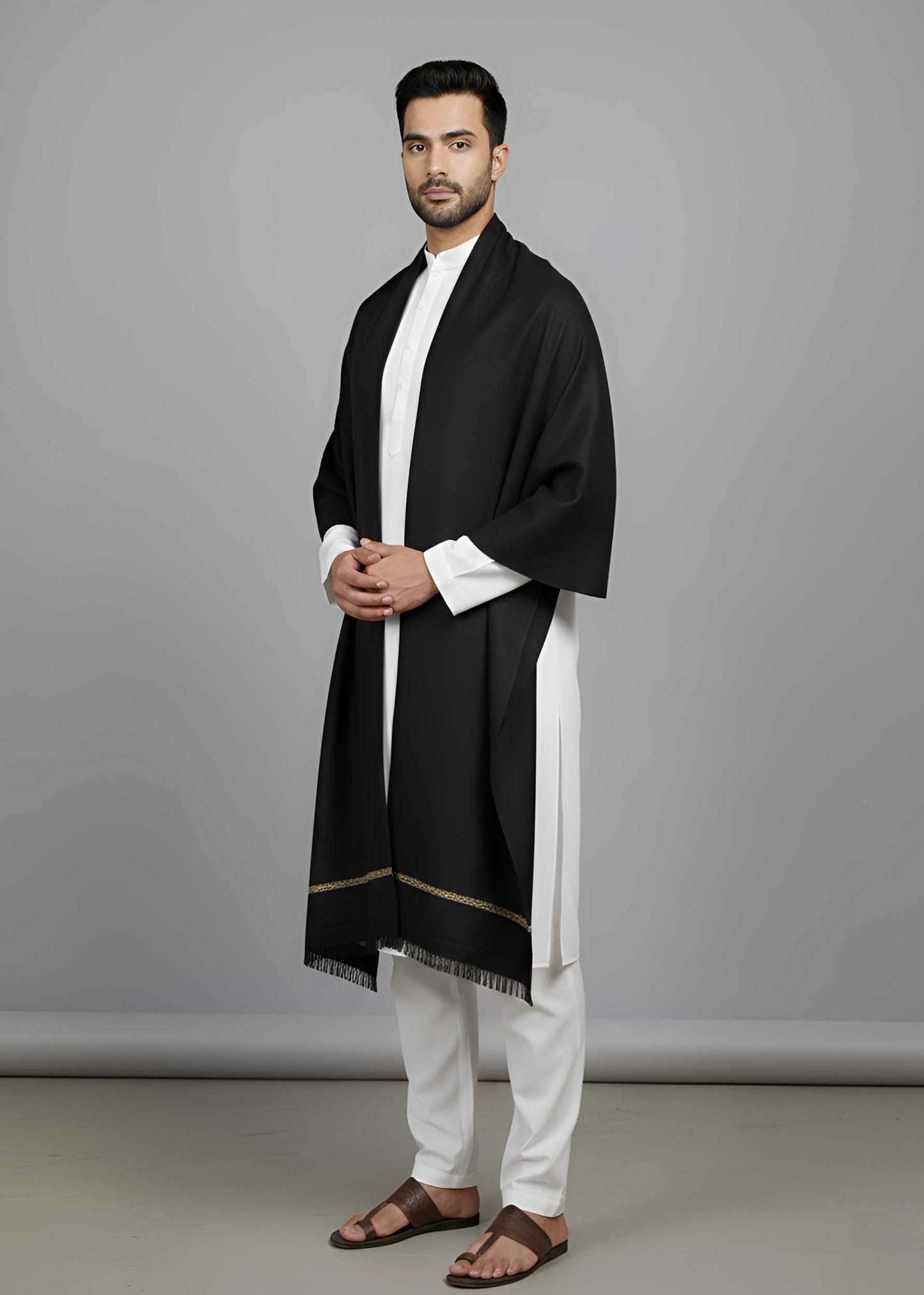 Pure Woolen Kashmiri Dhussa Shawl for Men - Multicolor Stripe Elegance