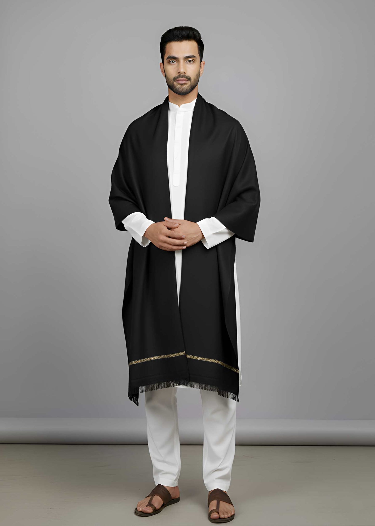 Pure Woolen Kashmiri Dhussa Shawl for Men - Multicolor Stripe Elegance