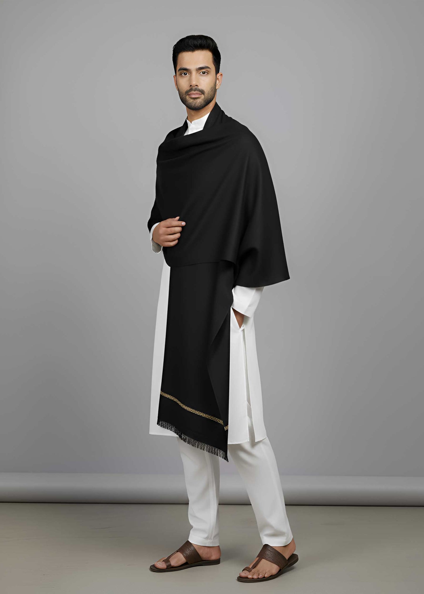 Pure Woolen Kashmiri Dhussa Shawl for Men - Multicolor Stripe Elegance