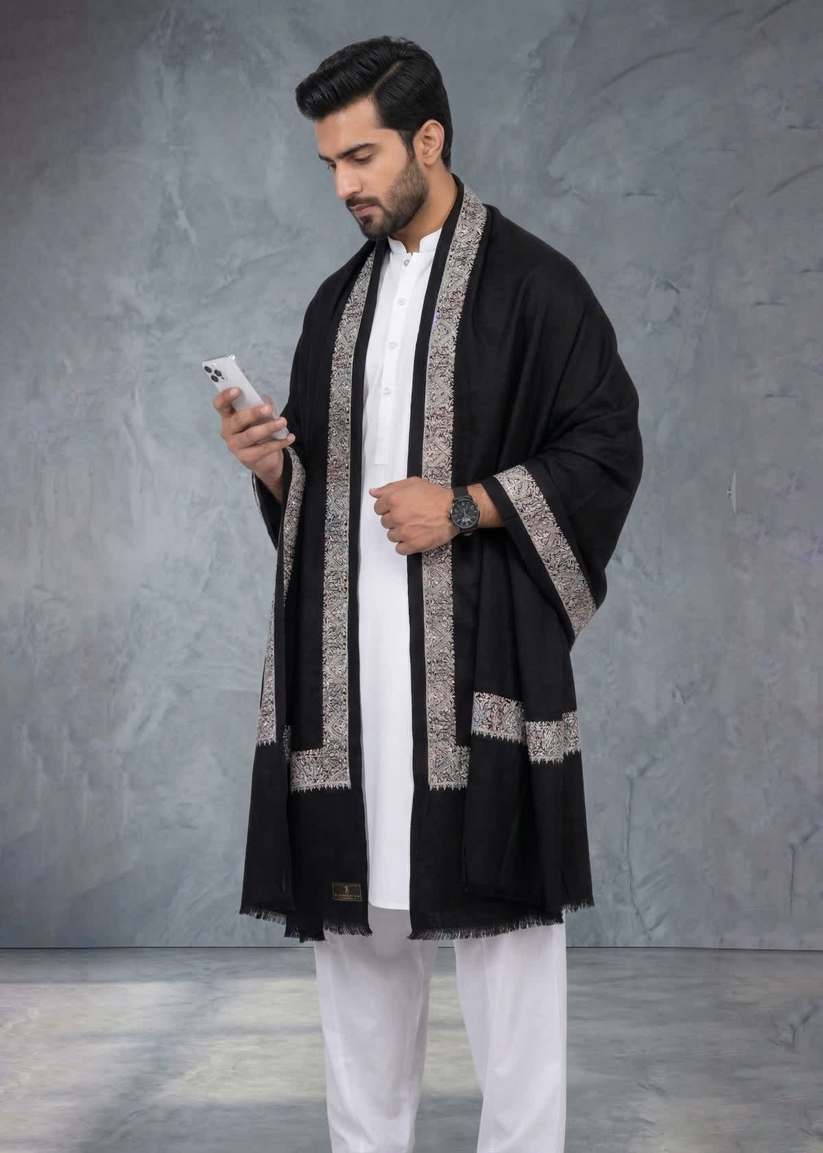 Kashmiri Reshamkar Style Shawl White & Black