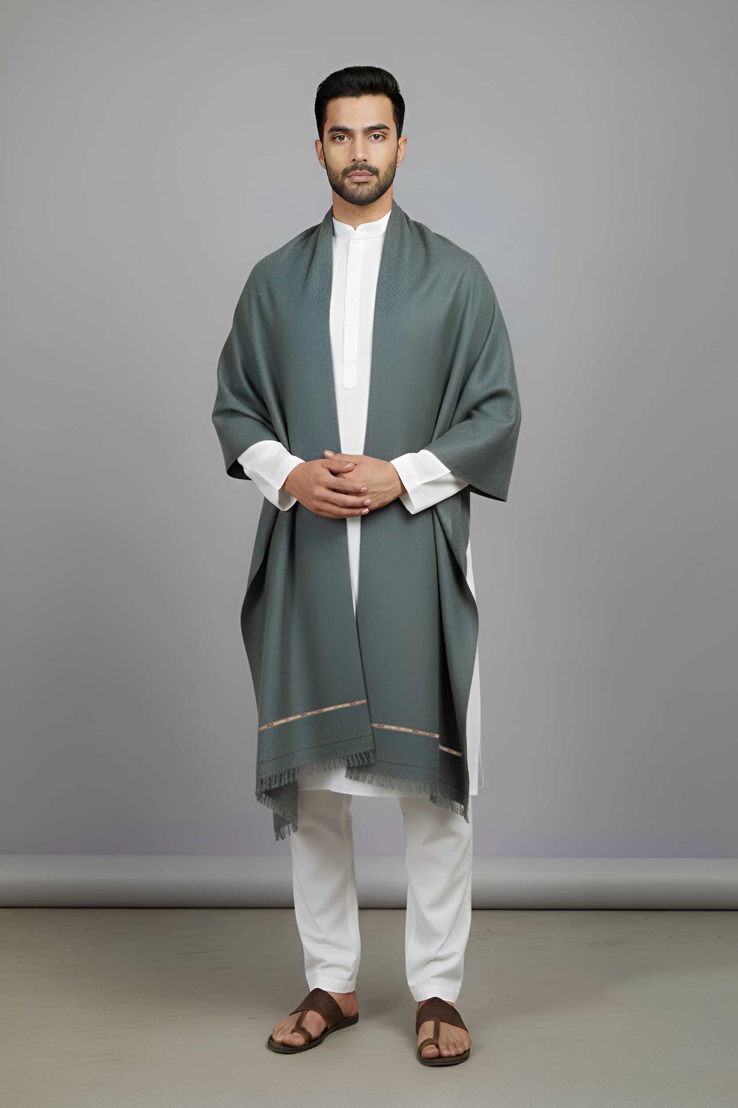 Pure Woolen Kashmiri Dhussa Shawl for Men - Multicolor Stripe Elegance