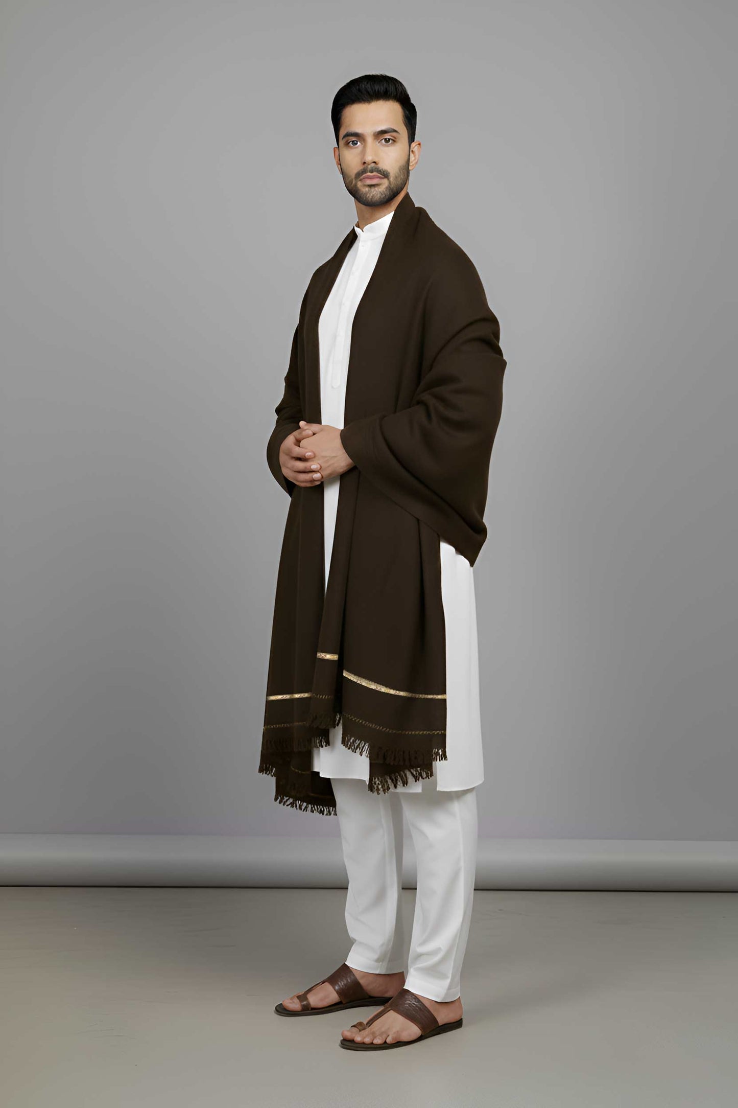 Pure Woolen Kashmiri Dhussa Shawl for Men - Multicolor Stripe Elegance
