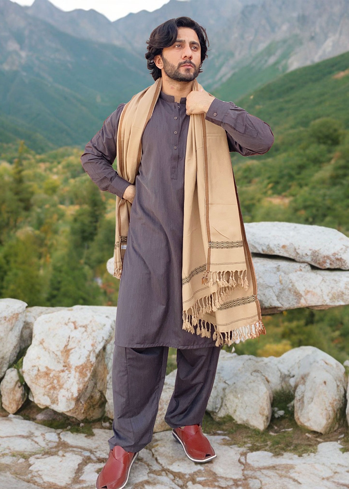 Distinguished Elegance: Pure Acrylic Woolen Peshawari Dhussa Shawl for Men (Medium)
