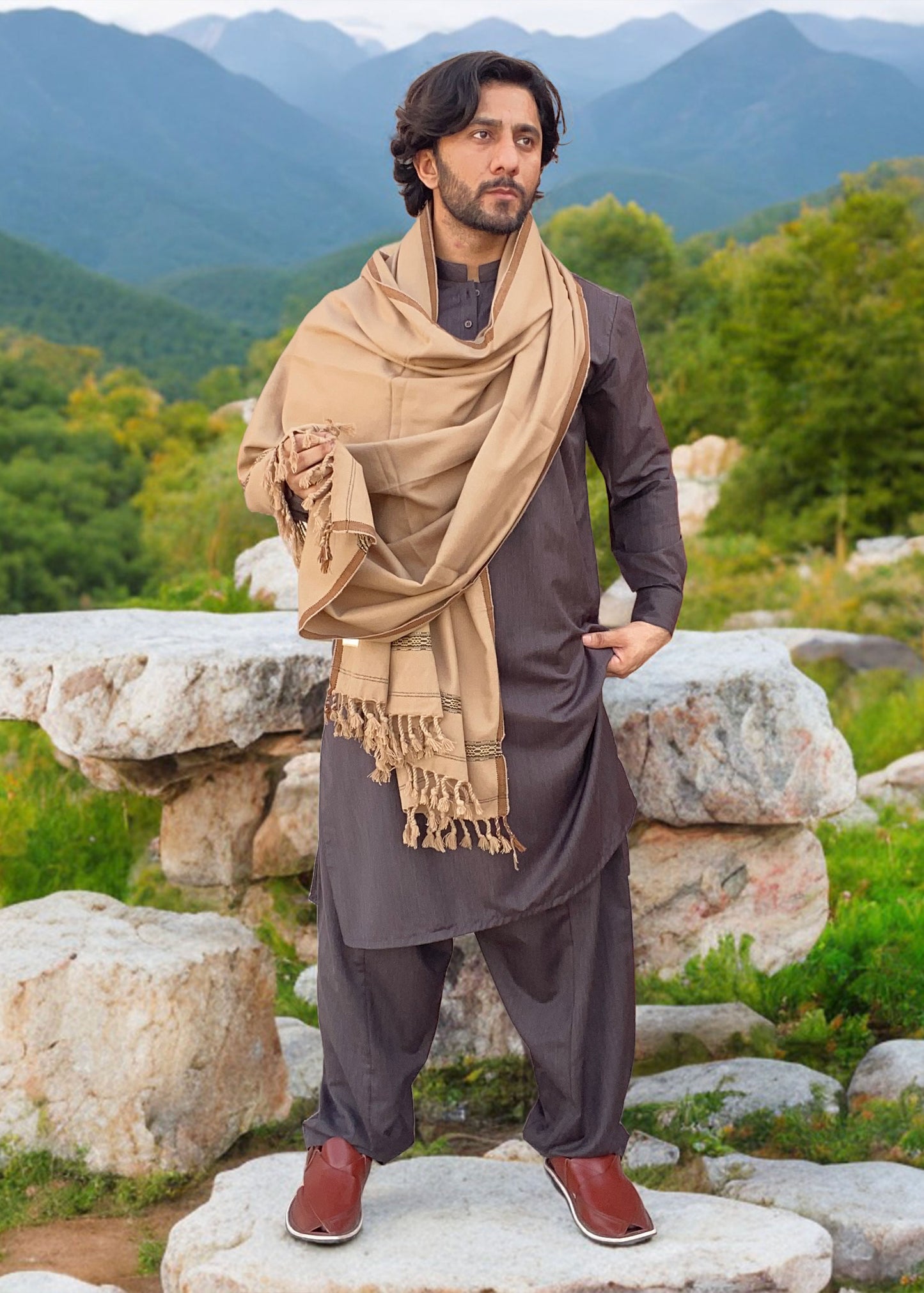 Distinguished Elegance: Pure Acrylic Woolen Peshawari Dhussa Shawl for Men (Medium)