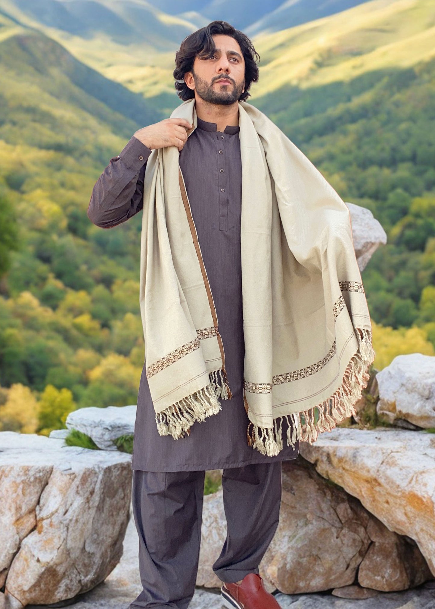 Distinguished Elegance: Pure Acrylic Woolen Peshawari Dhussa Shawl for Men (Medium)