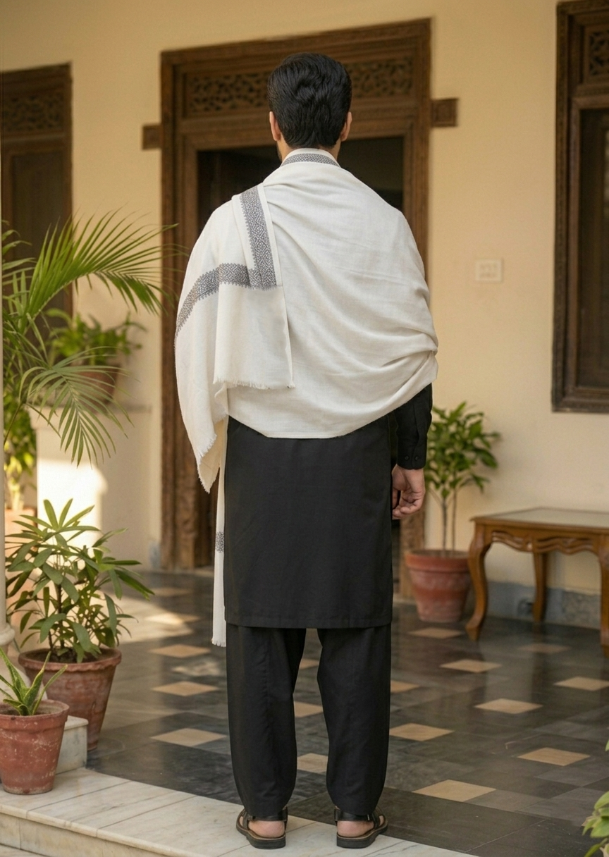 Kashmiri Reshamkar Style Shawl White & Black