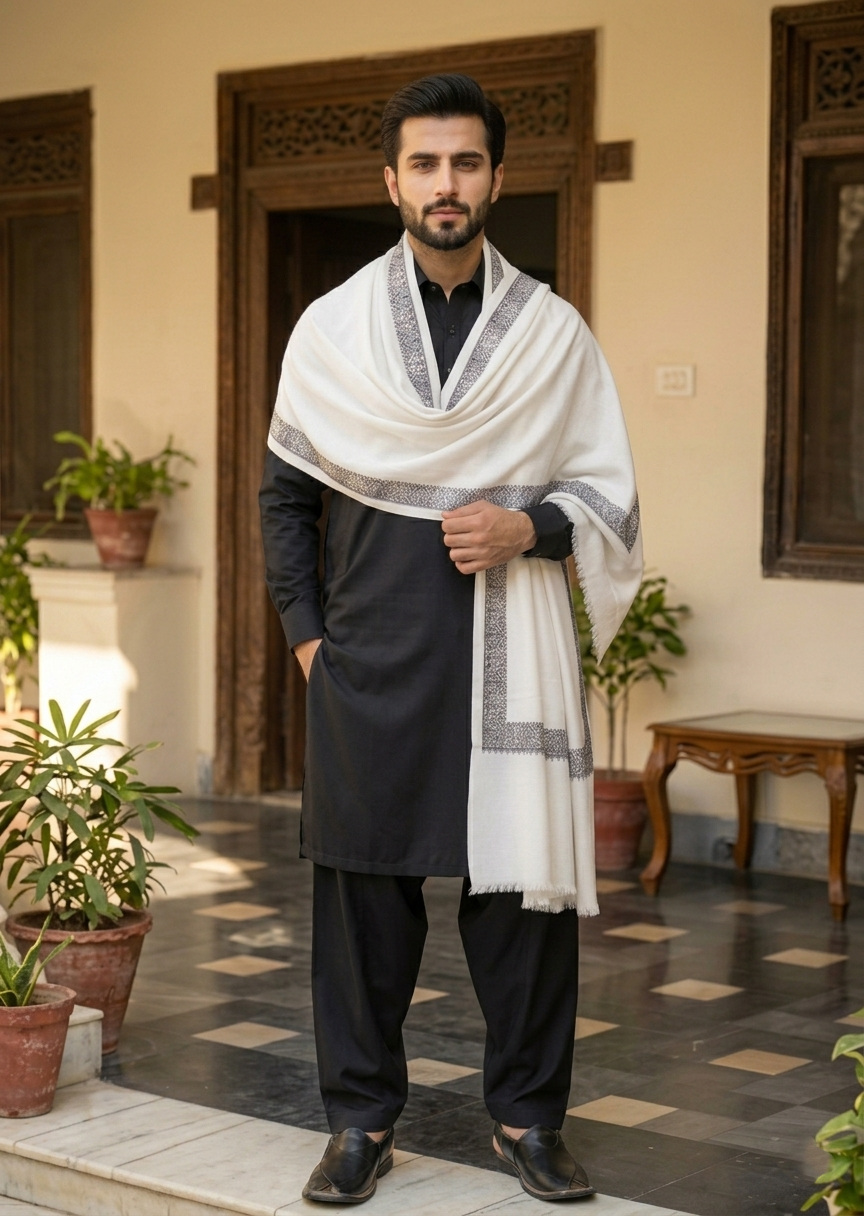 Kashmiri Reshamkar Style Shawl White & Black