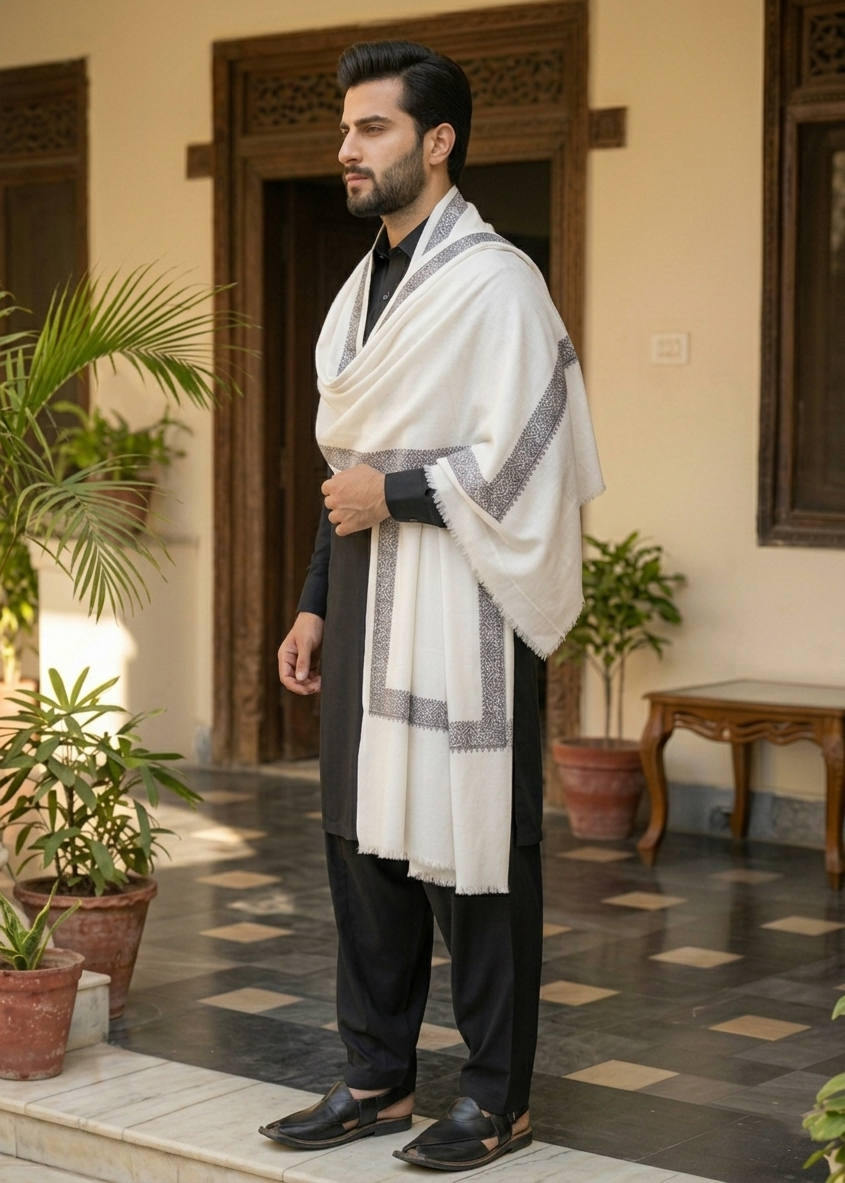 Kashmiri Reshamkar Style Shawl White & Black