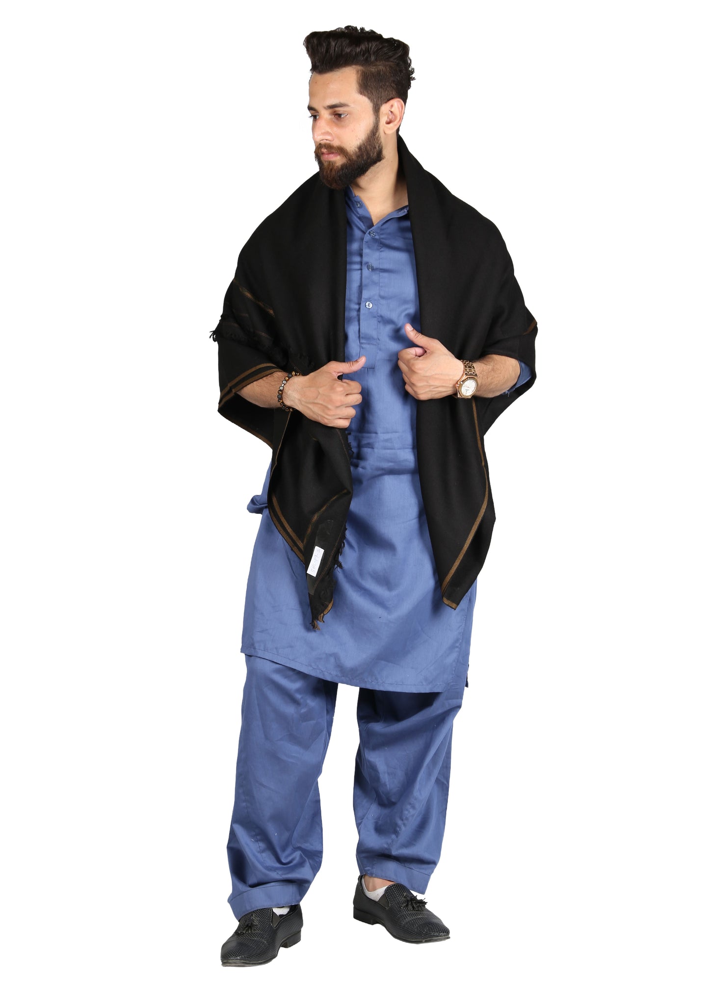 Pure Woolen Kashmiri Dhussa Shawl for Men - Multicolor Stripe Elegance