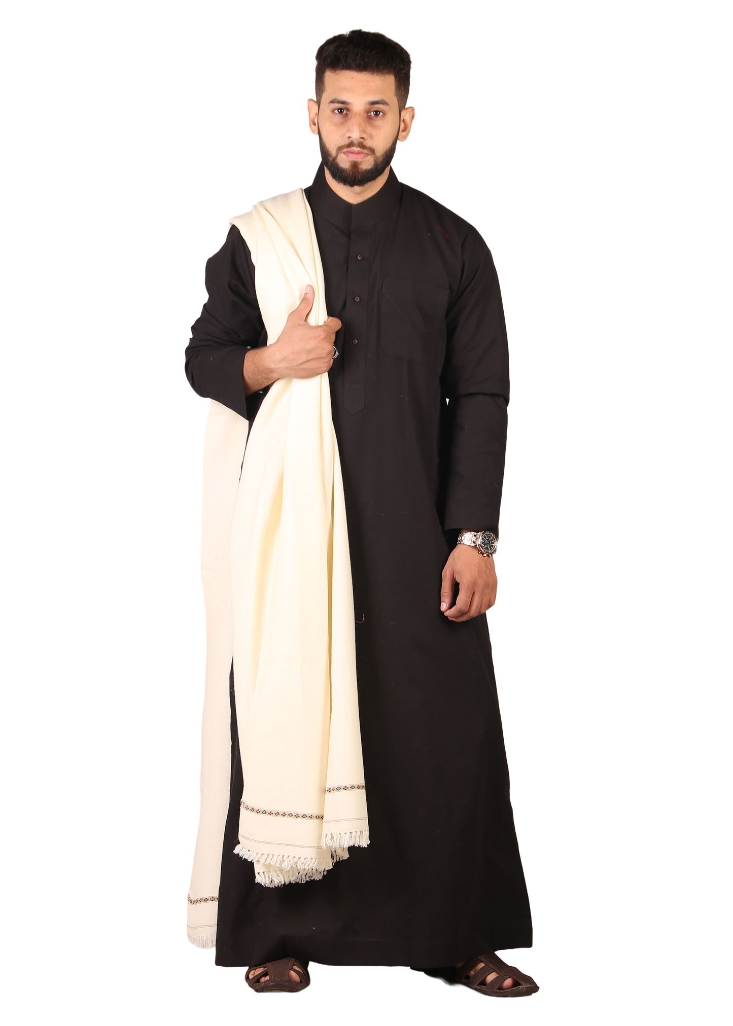 Pure Woolen Kashmiri Dhussa Shawl for Men - Multicolor Stripe Elegance