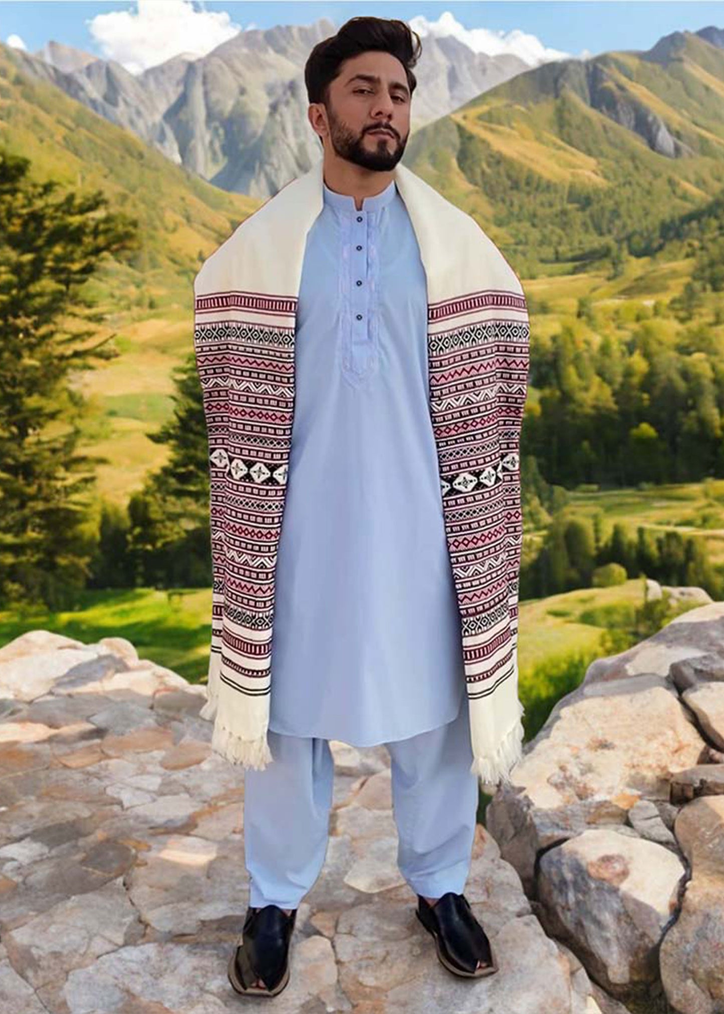 Regal Elegance: Colorful Hyderabadi Tharri Wadera Shawl for Men