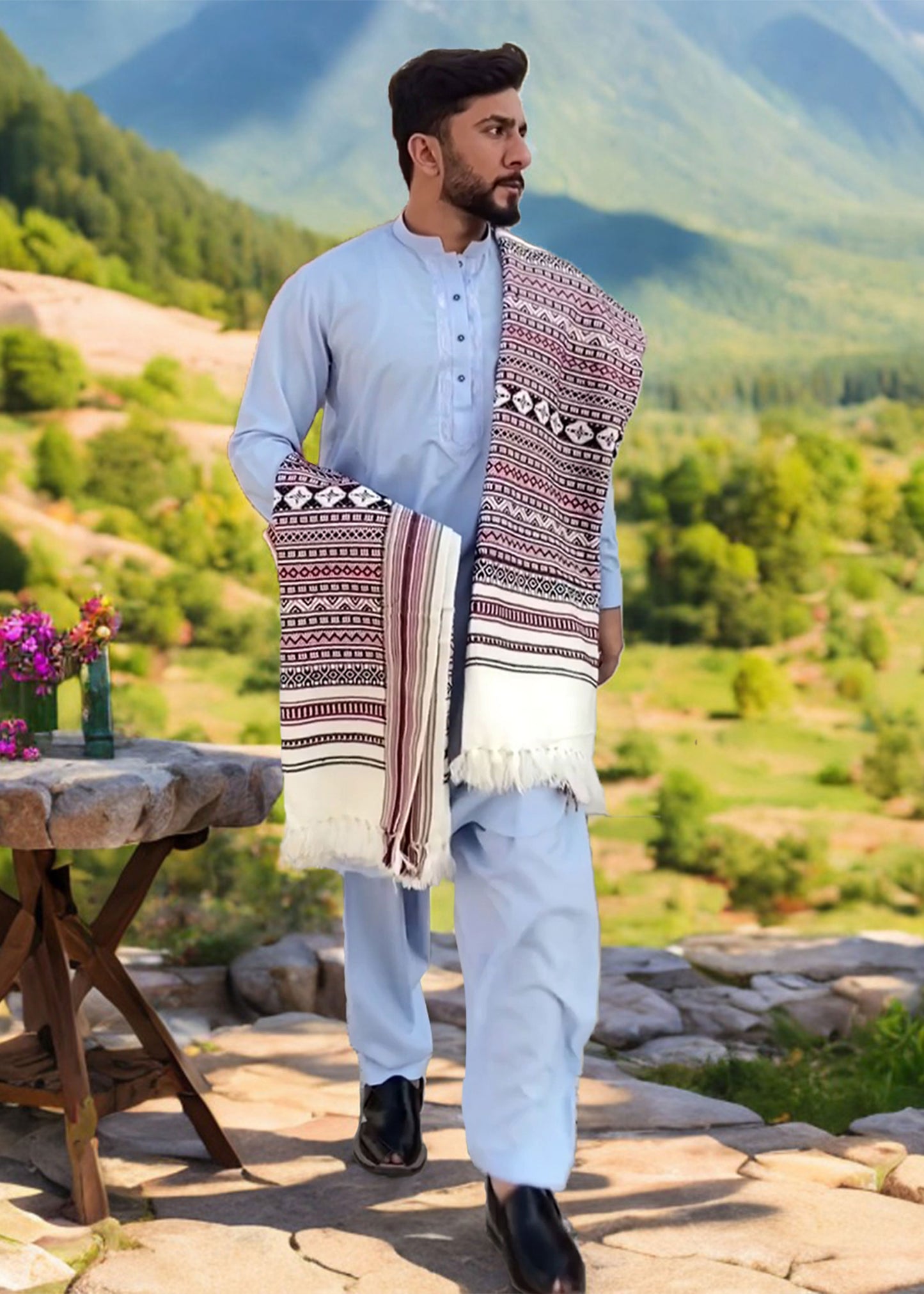 Regal Elegance: Colorful Hyderabadi Tharri Wadera Shawl for Men
