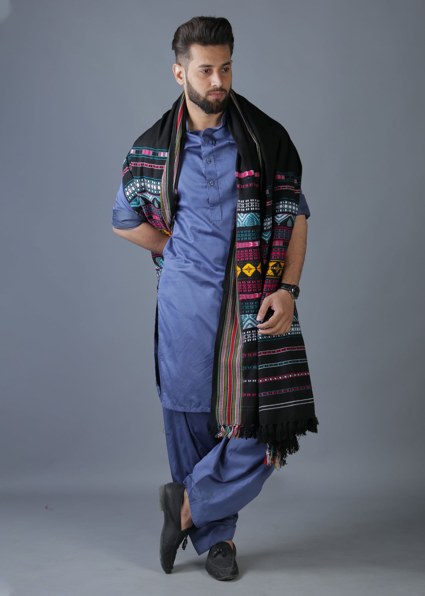 Multani Majesty: King-Sized Colorful Tharri Wadera Shawl for Men by Kamaal Khan