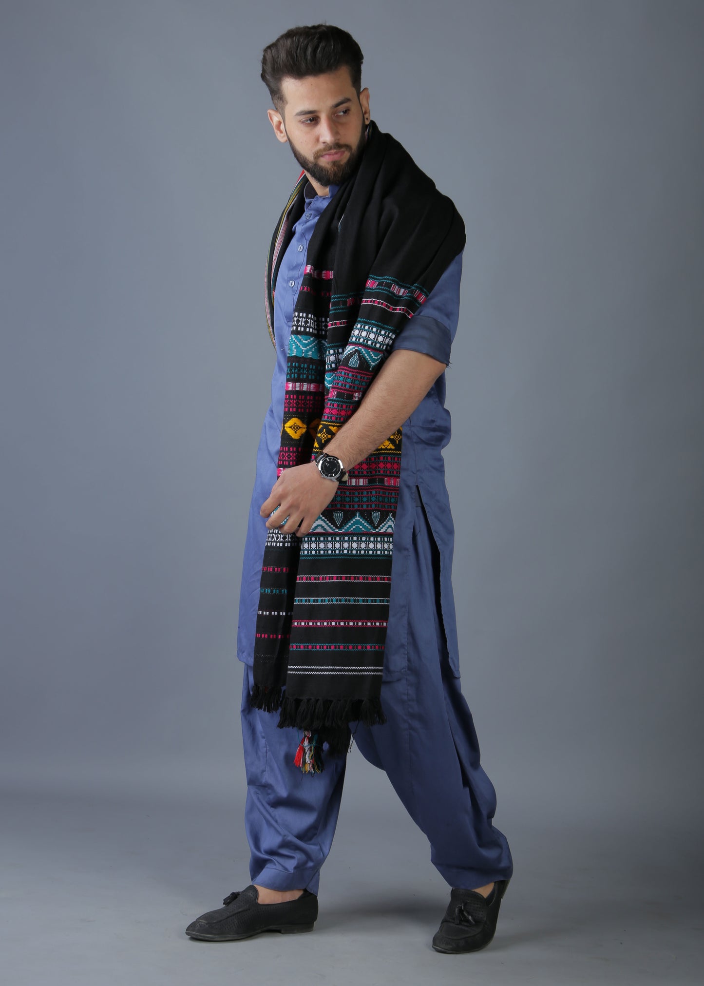 Multani Majesty: King-Sized Colorful Tharri Wadera Shawl for Men by Kamaal Khan