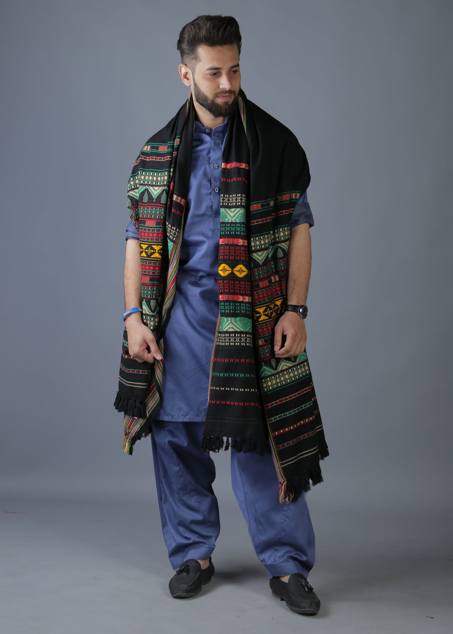 Multani Majesty: King-Sized Colorful Tharri Wadera Shawl for Men by Kamaal Khan