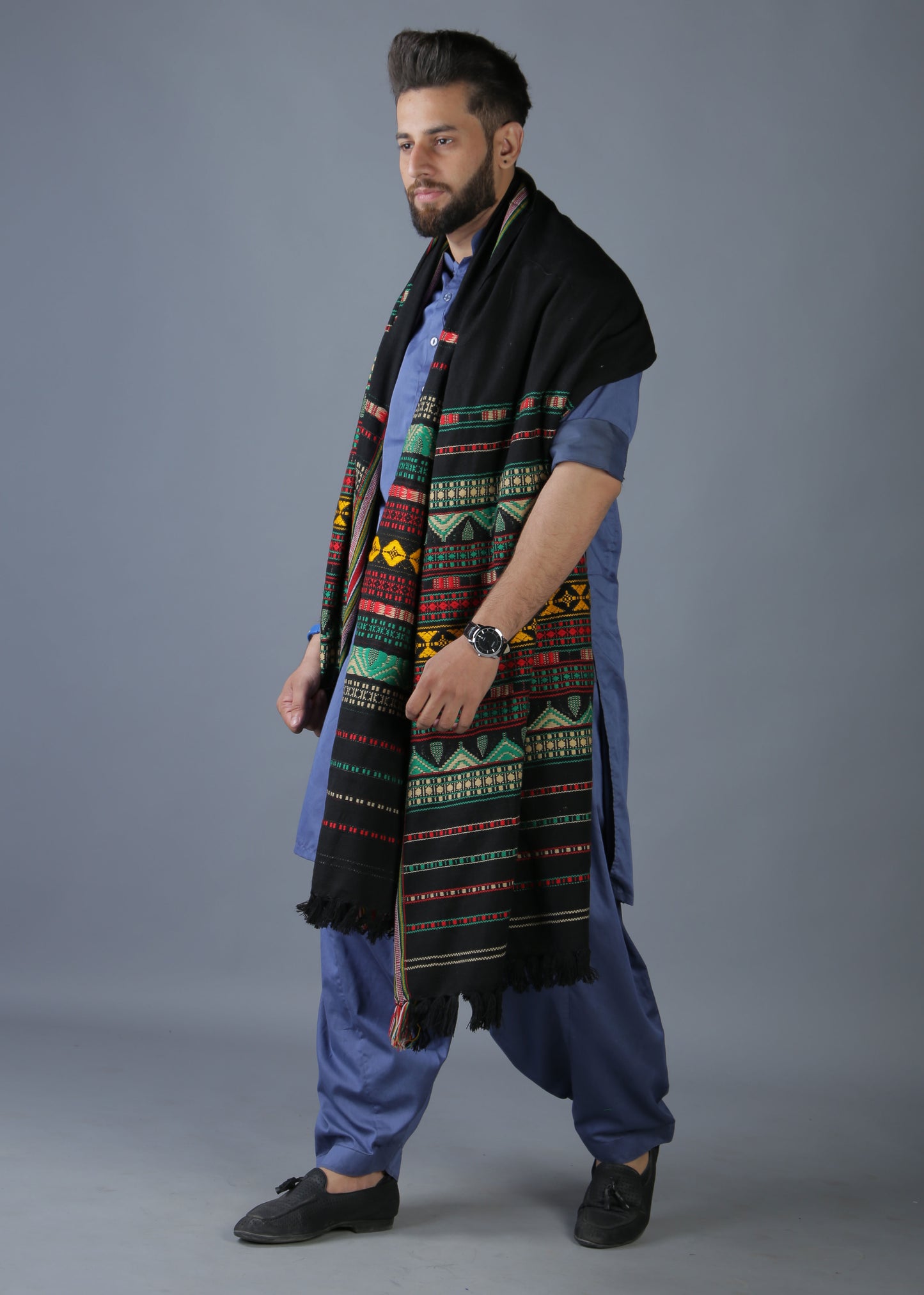 Multani Majesty: King-Sized Colorful Tharri Wadera Shawl for Men by Kamaal Khan