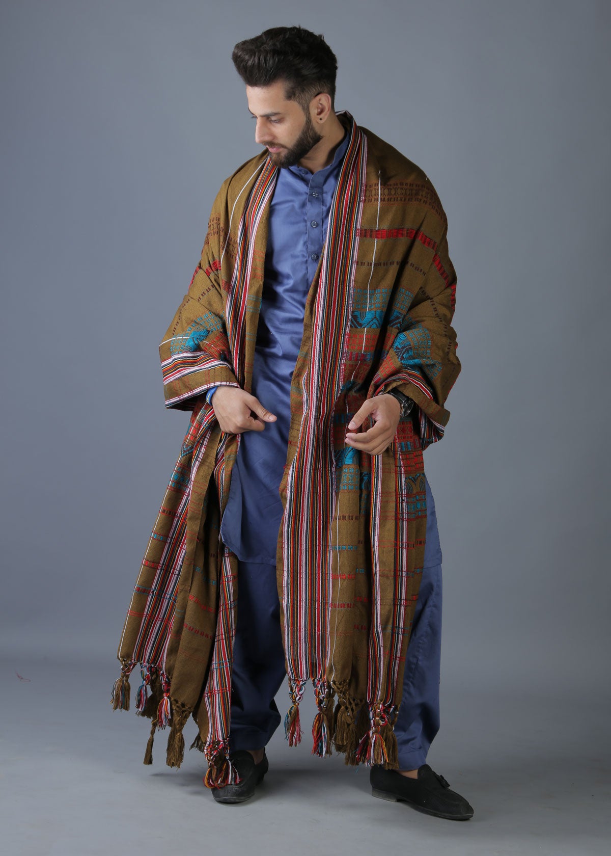 Exquisite Multani Multicolor Tharri Wadera Shawl for Men | Jumbo Size